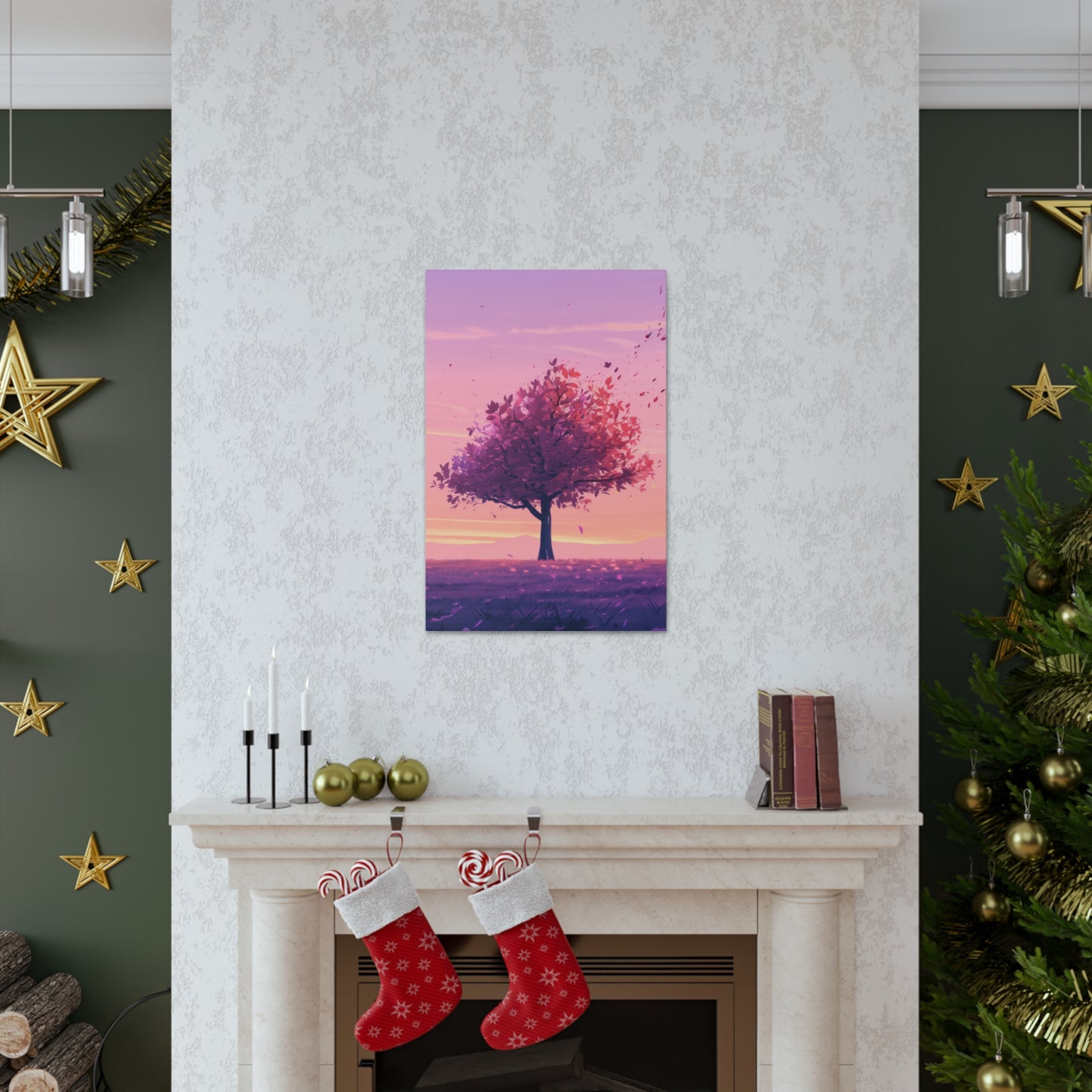 Tree in a Purple Sunset Digital Illustration Canvas Gallery Wraps