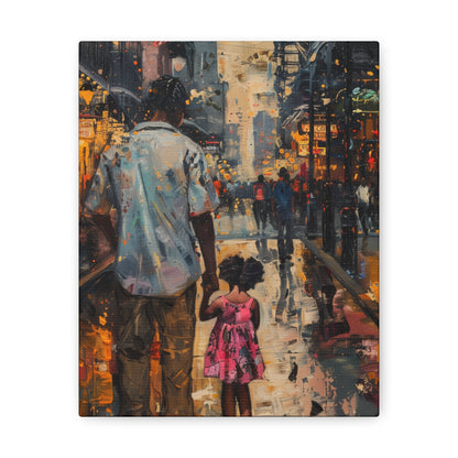 Father and Daughter Walking on the Street - Rembrandt Style Digital Oil Painting Canvas Gallery Wraps