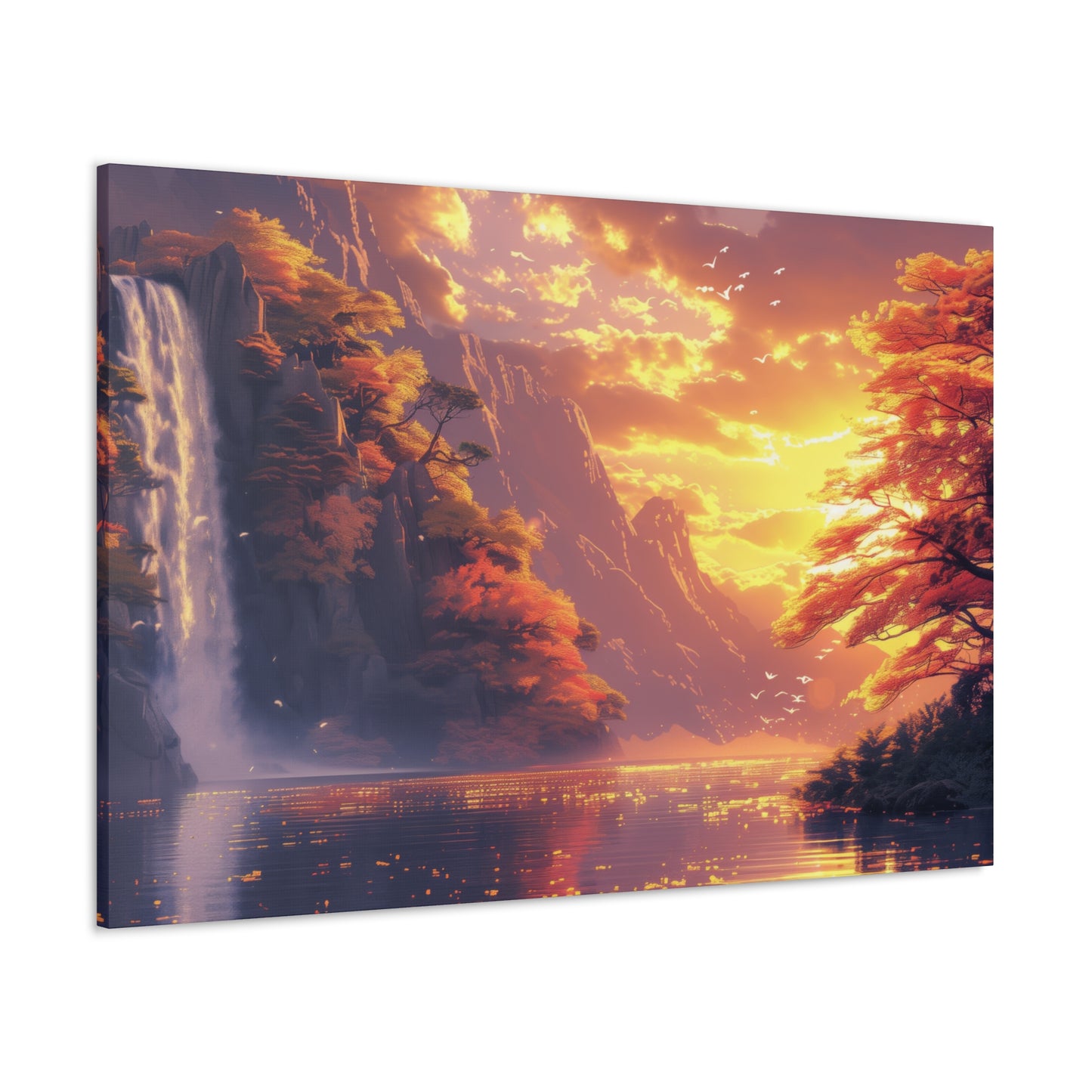 Dreamy Landscape - Waterfall and Mountains in Golden Morning Illustration Canvas Gallery Wraps