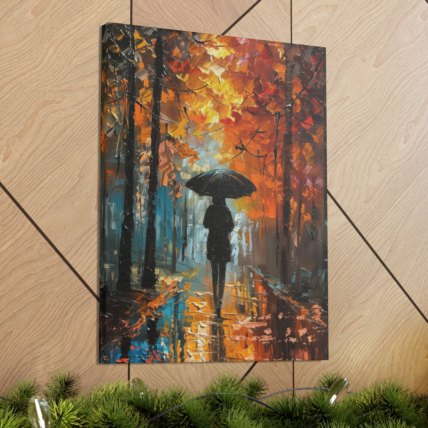 girl with an umbrella walking through forest road - Leonid Afremov Style Digital Print Canvas Gallery Wraps