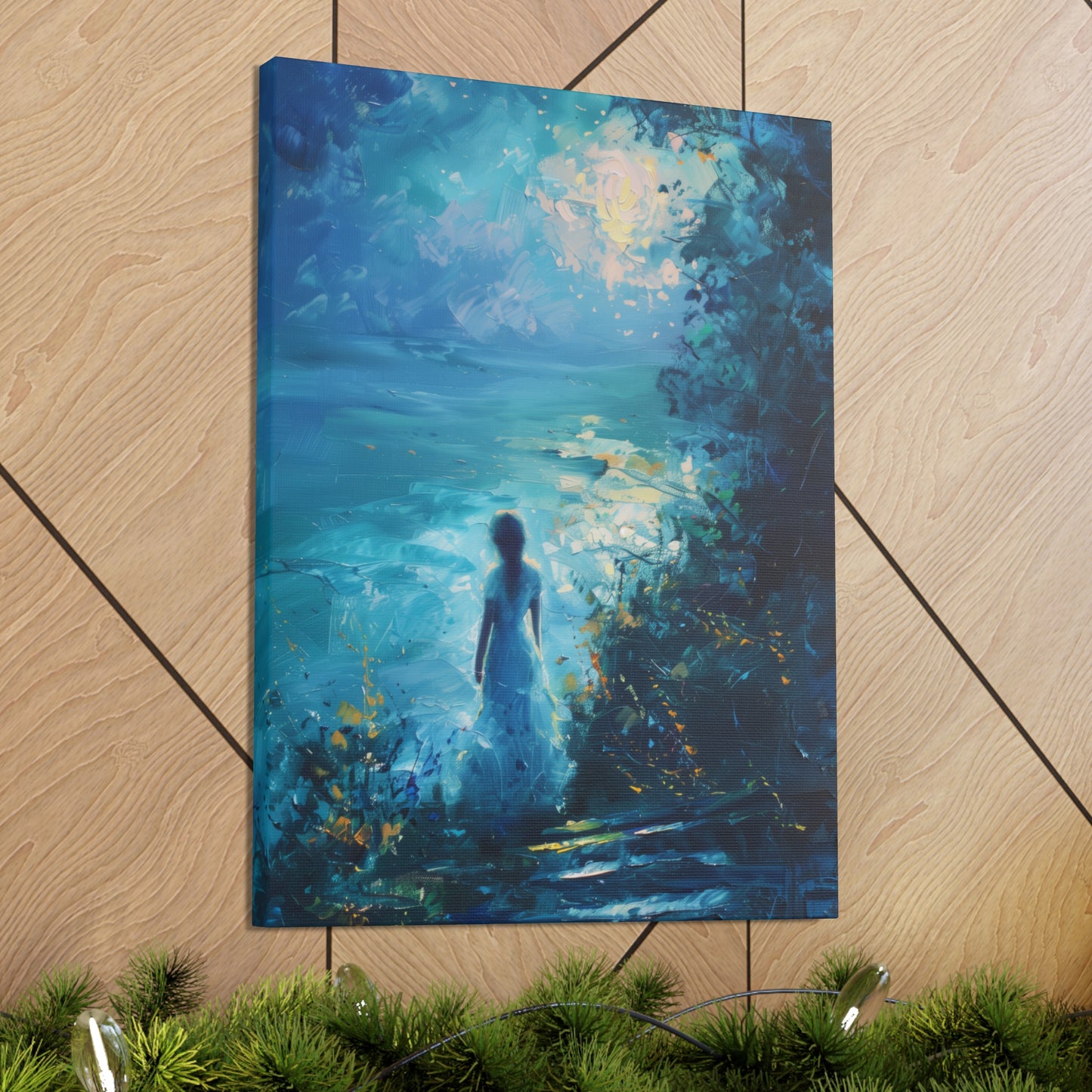 Woman looking at sea night time Digital Oil Painting Print Canvas Gallery Wraps