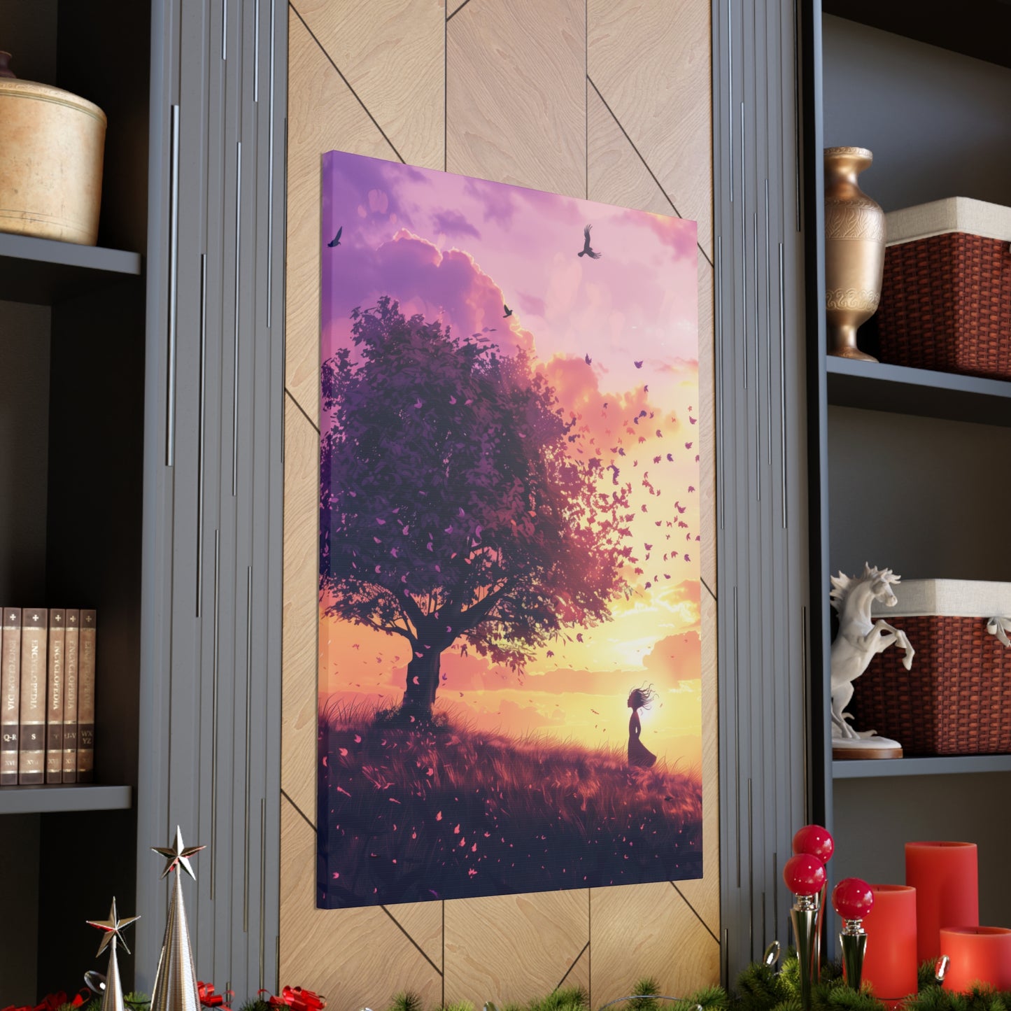 Tree in a Purple Sunset Digital Illustration Canvas Gallery Wraps