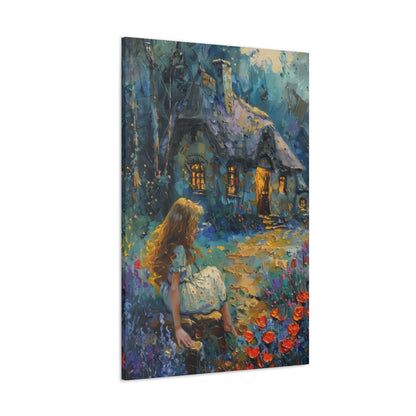 little girl sitting front of a hut in countryside Digital Oil Painting Print Canvas Gallery Wraps