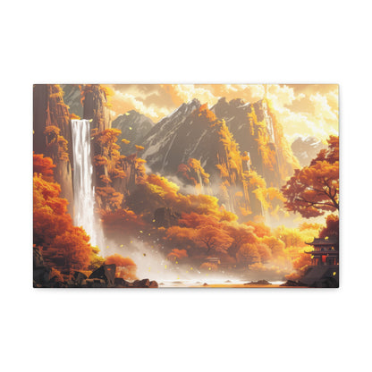 Dreamy Landscape Sunset with Waterfall and Mountains - Digital Illustration Canvas Gallery Wraps