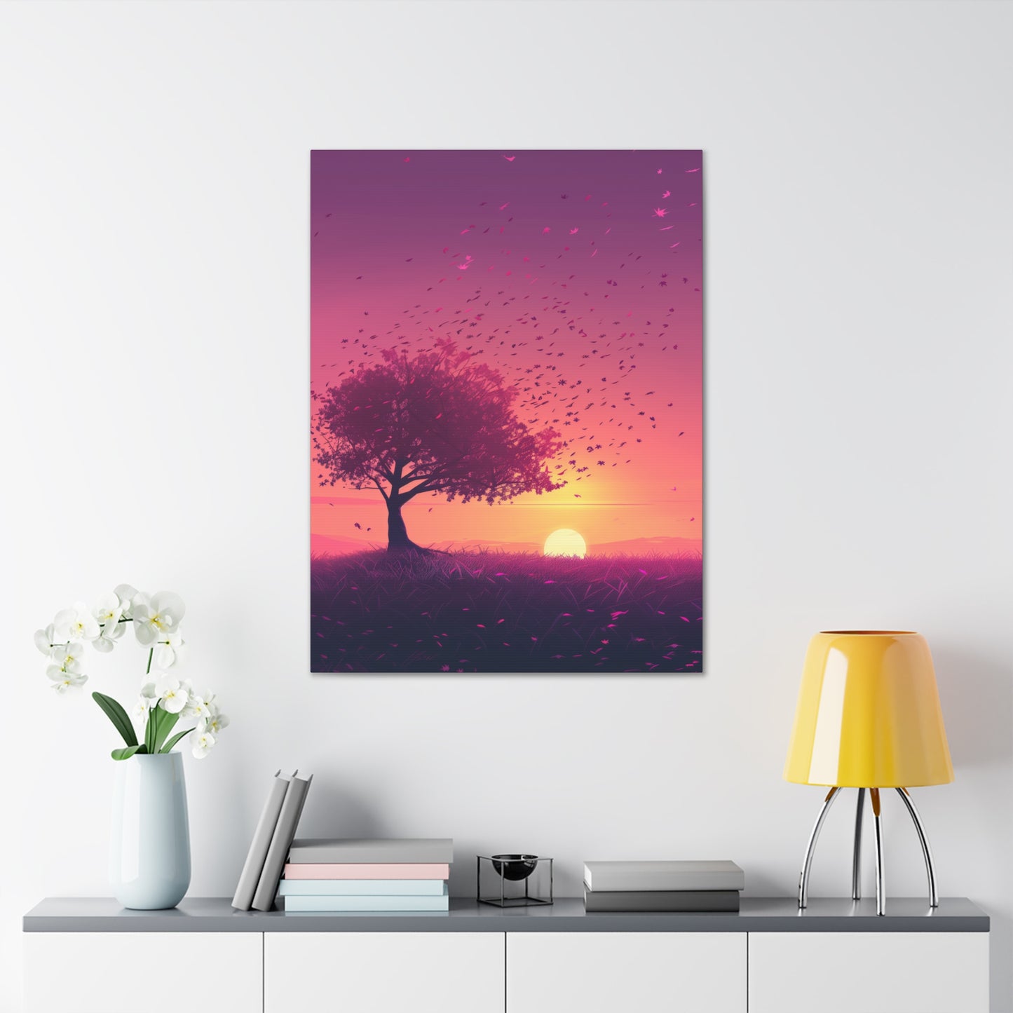 Tree in a Purple Sunset Digital Illustration Canvas Gallery Wraps