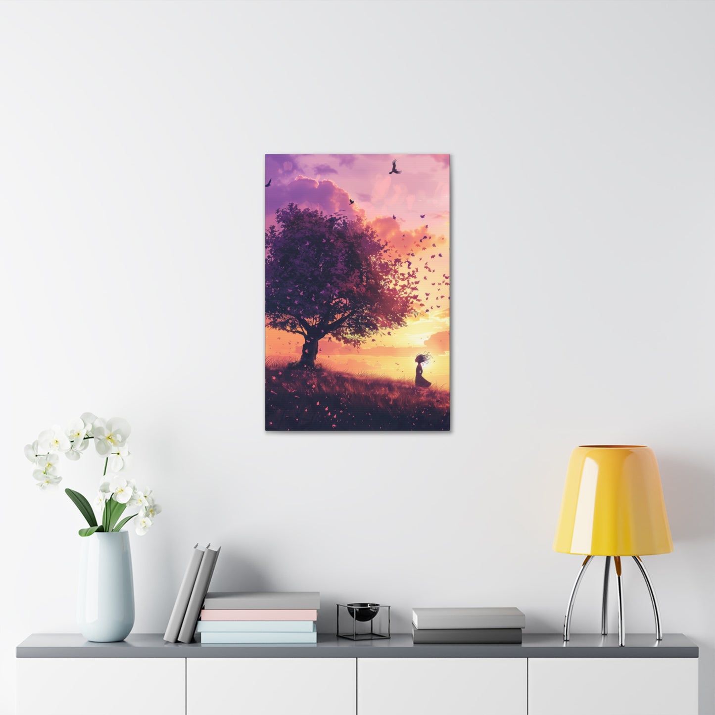 Tree in a Purple Sunset Digital Illustration Canvas Gallery Wraps