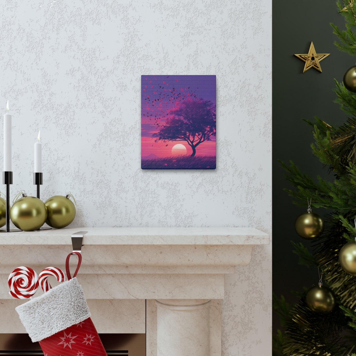 Tree in a Purple Sunset Digital Illustration Canvas Gallery Wraps