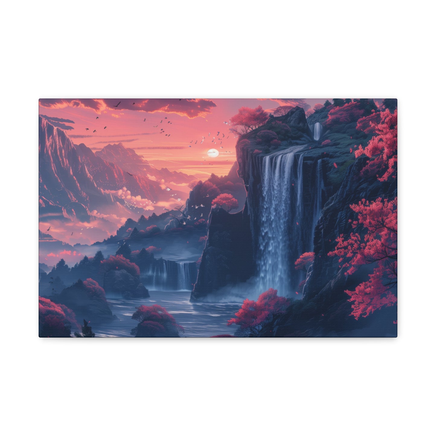 Dreamy Landscape Sunset with Waterfall and Mountains - Digital Illustration Canvas Gallery Wraps