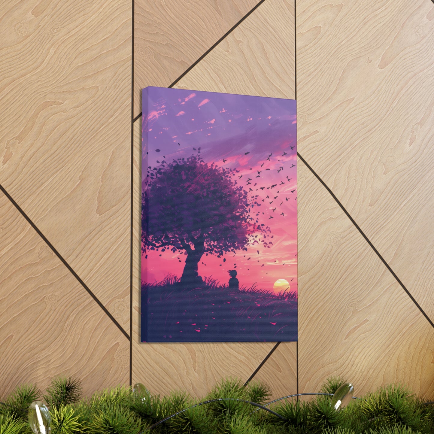 Tree in a Purple Sunset Digital Illustration Canvas Gallery Wraps