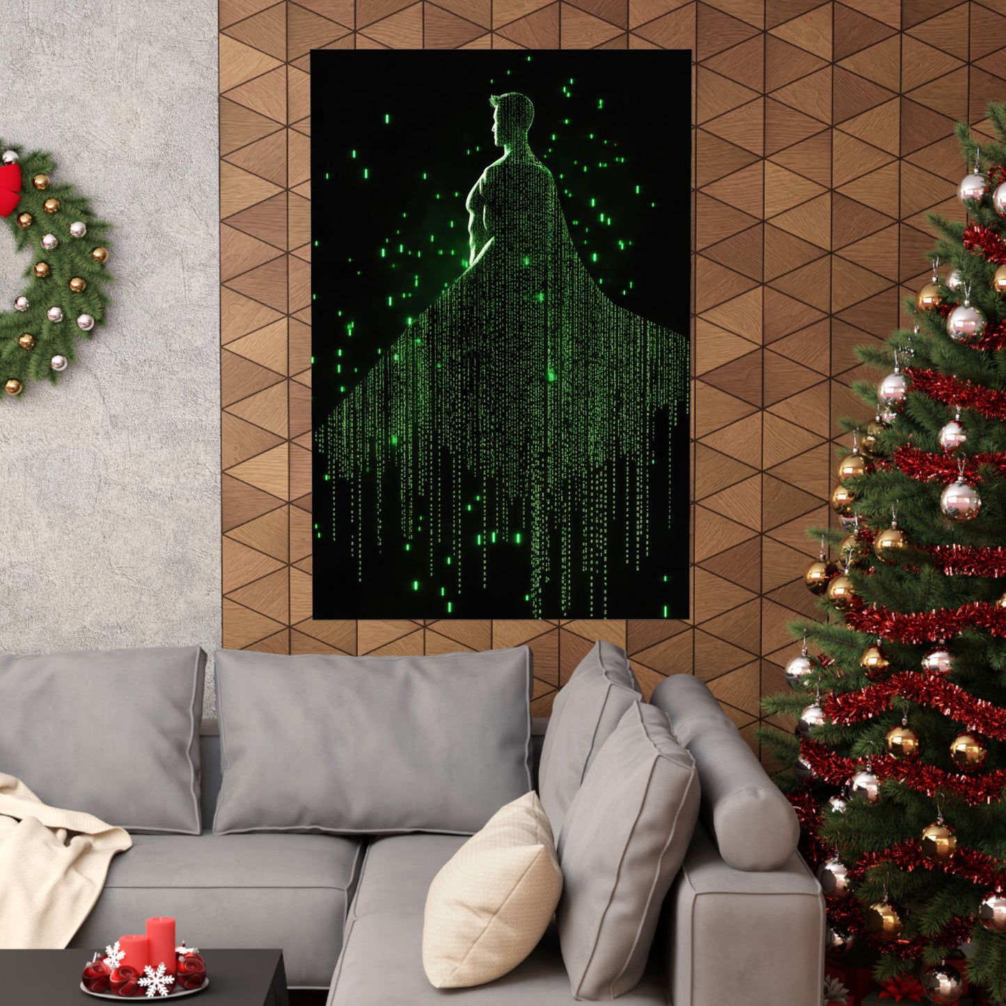 Neon Code Guardian: 3D Glitch Superman Matrix Effect - Digital Illustration Matte Vertical Poster