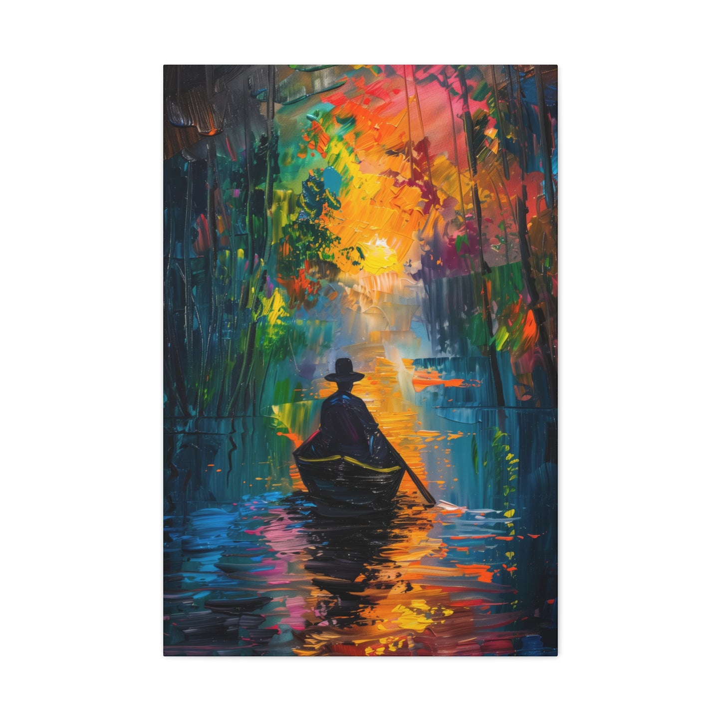 Man Sailing in a Boat in a Autumn Forest River - Claude Monet Style Digital Print Canvas Gallery Wraps