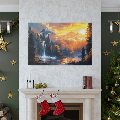 Dreamy Landscape Sunset with Waterfall and Mountains - Digital Illustration Canvas Gallery Wraps