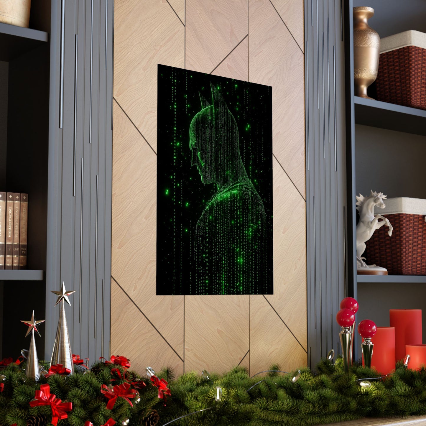 Neon Code Vigilante: 3D Glitch Batman Matrix Effect - Digital Illustration Matte Vertical Poster