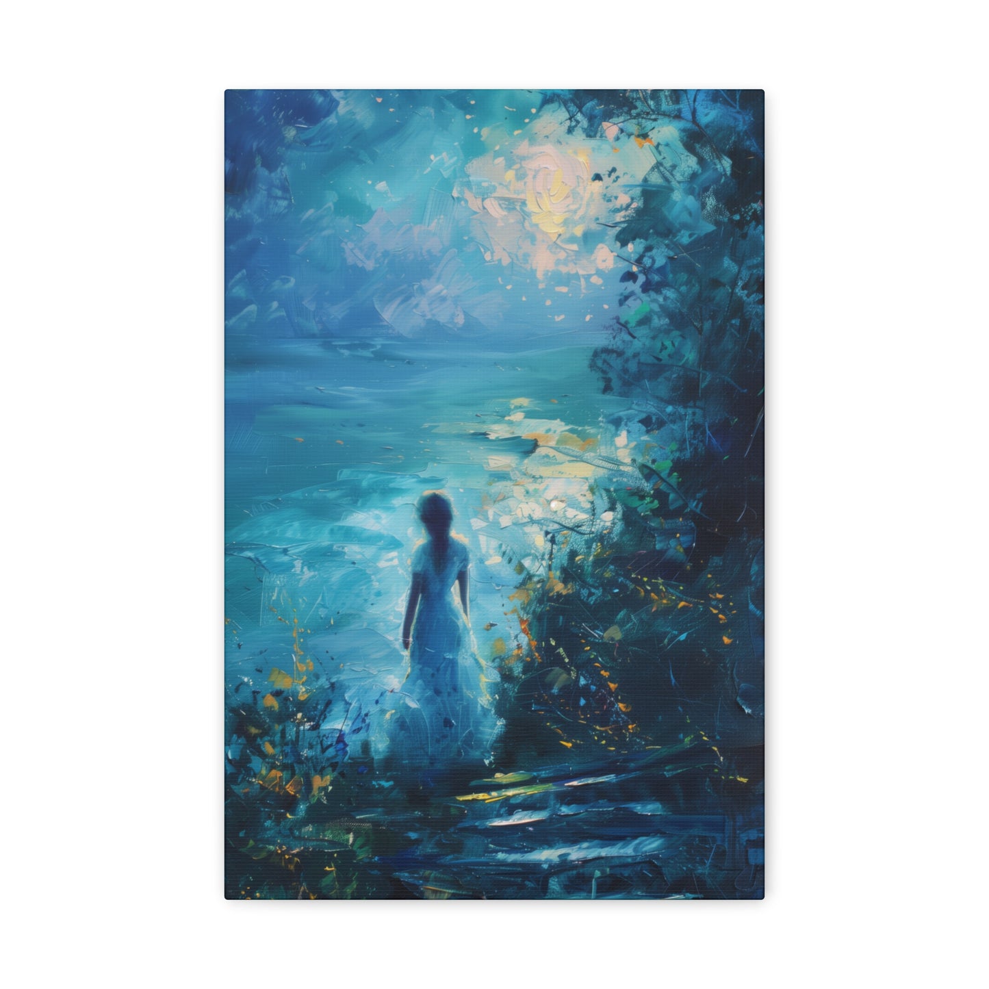 Woman looking at sea night time Digital Oil Painting Print Canvas Gallery Wraps