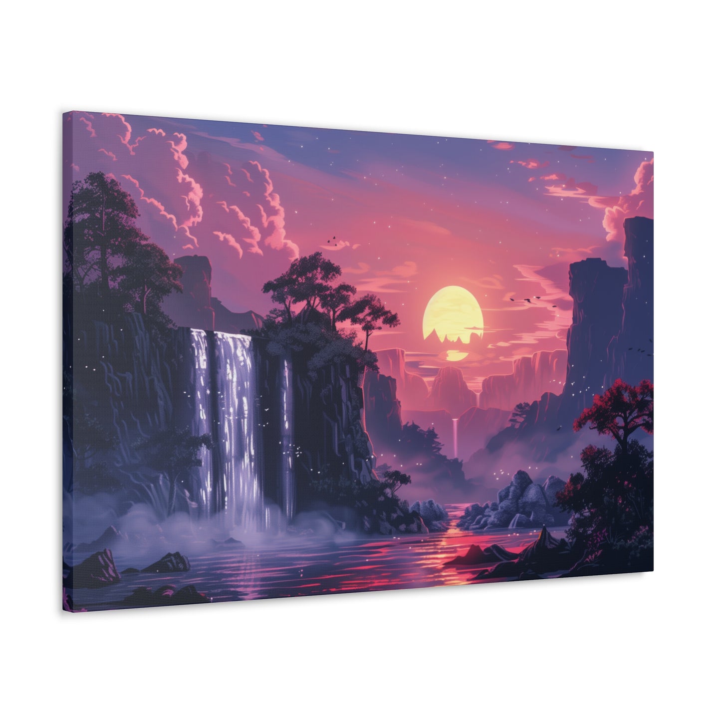 Dreamy Landscape with Waterfall and Mountains - Purple Evening Digital Illustration Canvas Gallery Wraps