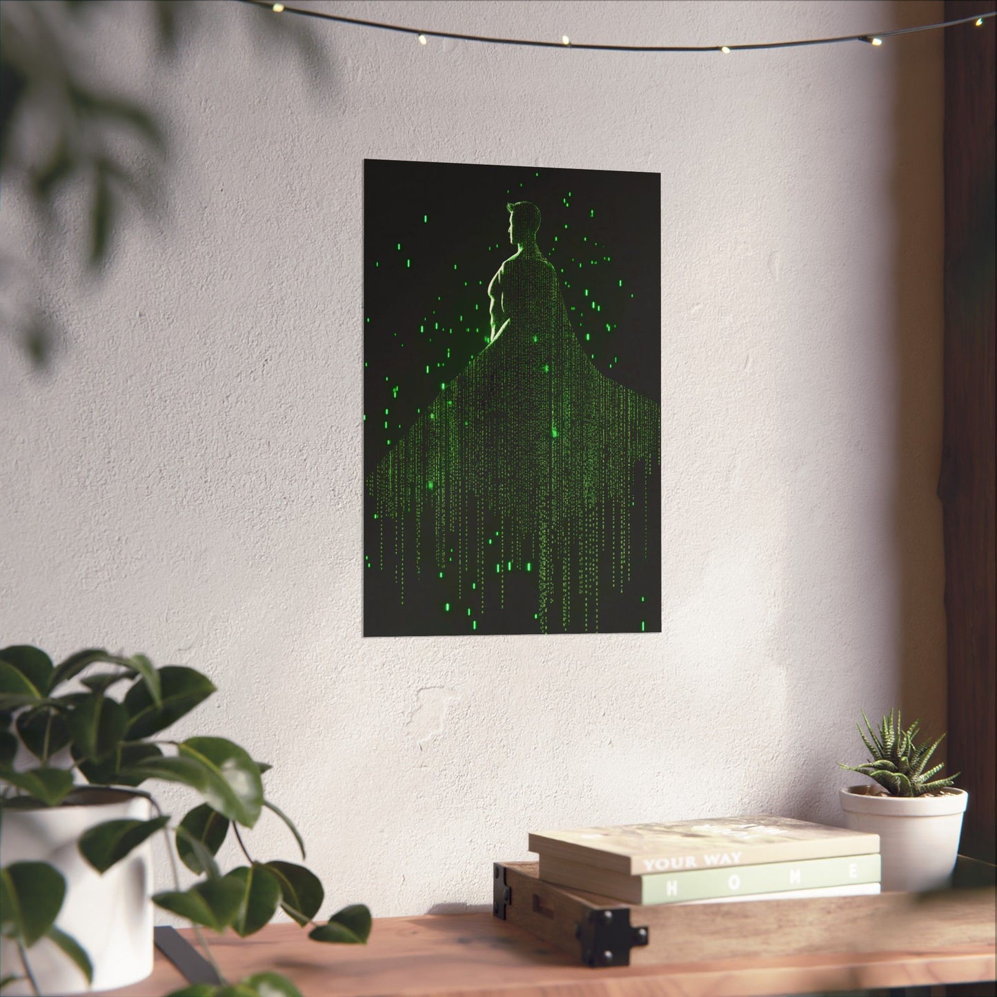 Neon Code Guardian: 3D Glitch Superman Matrix Effect - Digital Illustration Matte Vertical Poster