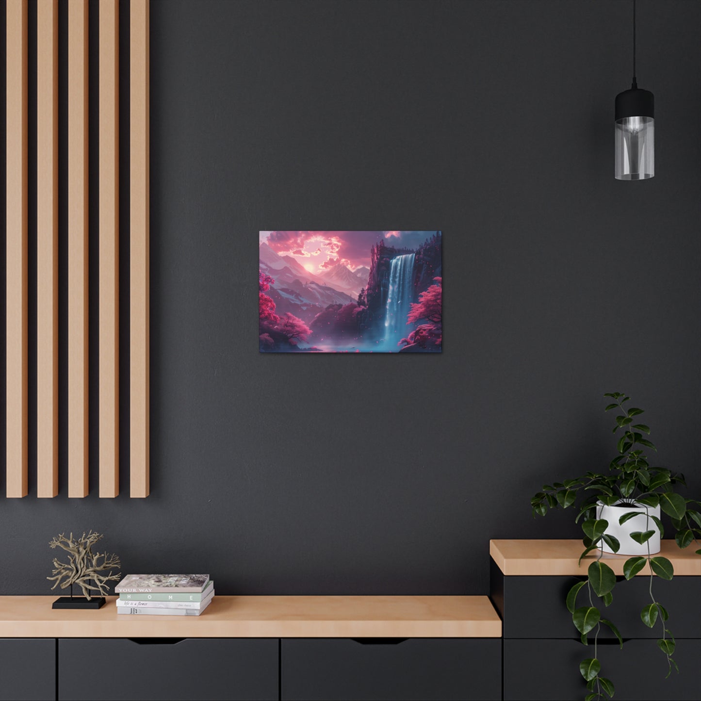 Dreamy Landscape Sunset with Waterfall and Mountains - Digital Illustration Canvas Gallery Wraps