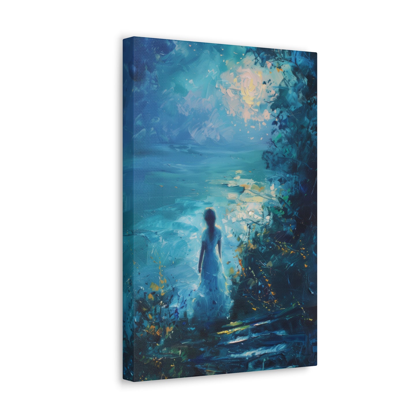 Woman looking at sea night time Digital Oil Painting Print Canvas Gallery Wraps