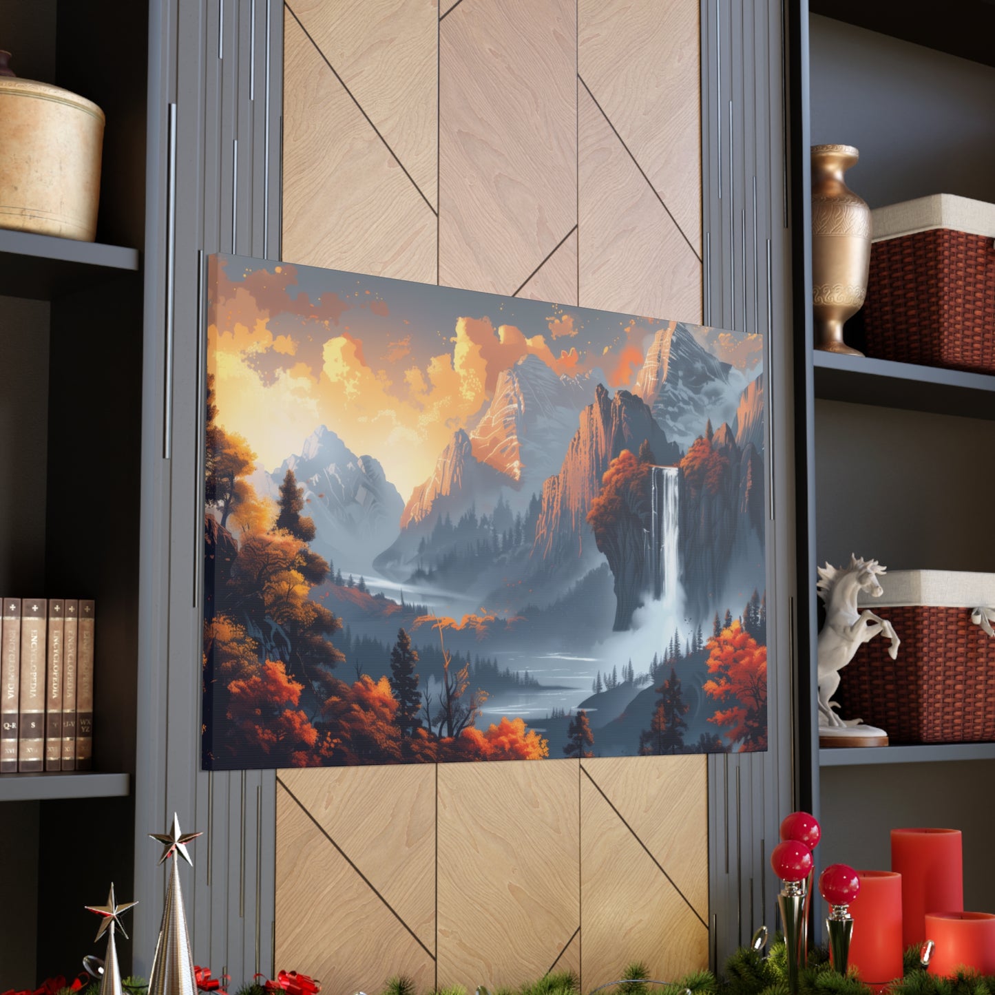 Dreamy Landscape Morning with Waterfall and Mountains - Digital Illustration Canvas Gallery Wraps