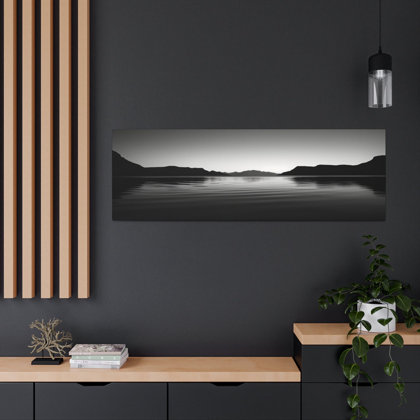 Lake with Mountains - Black and White Landscape Panorama Canvas Gallery Wraps