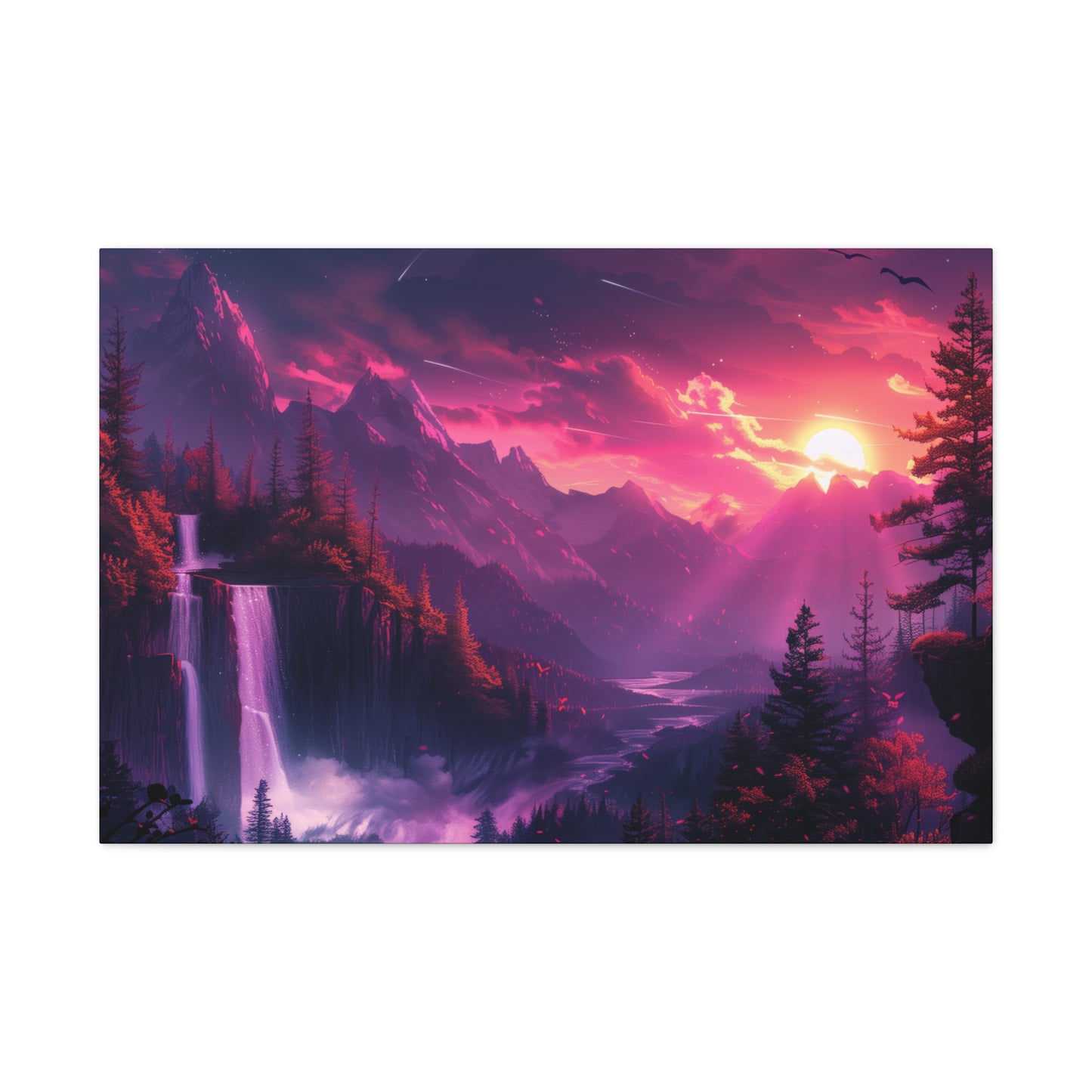 Dreamy Landscape with Waterfall and Mountains - Purple Evening Digital Illustration Canvas Gallery Wraps