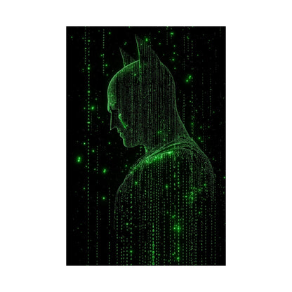 Neon Code Vigilante: 3D Glitch Batman Matrix Effect - Digital Illustration Matte Vertical Poster