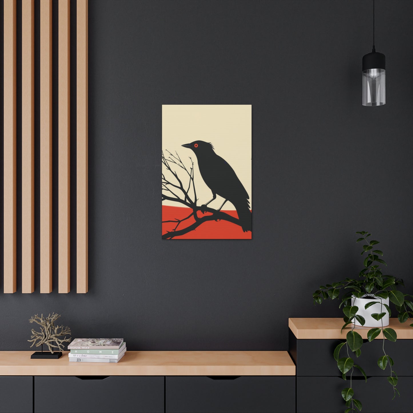 Black Bird Sitting on a Branch Digital Illustration Canvas Gallery Wraps