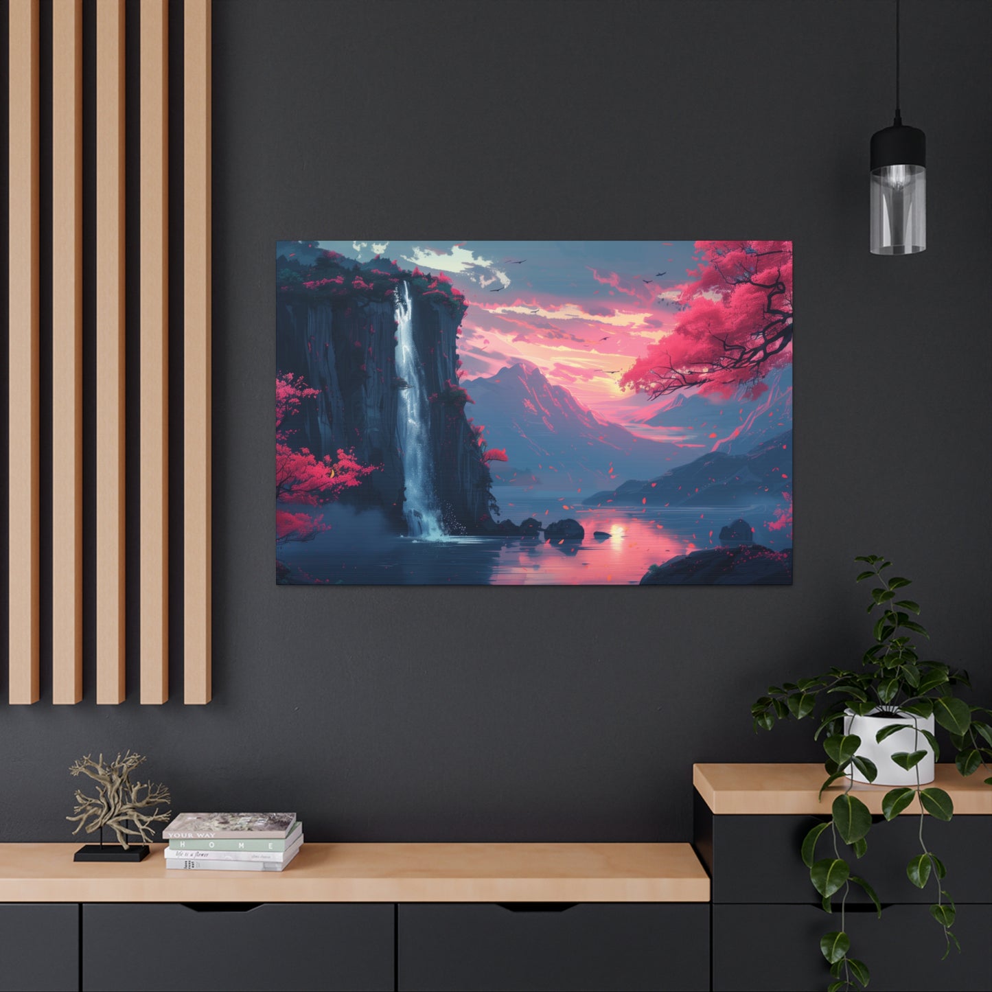 Dreamy Landscape with Waterfall and Mountains - Purple Evening Digital Illustration Canvas Gallery Wraps