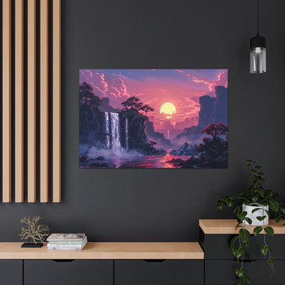 Dreamy Landscape with Waterfall and Mountains - Purple Evening Digital Illustration Canvas Gallery Wraps