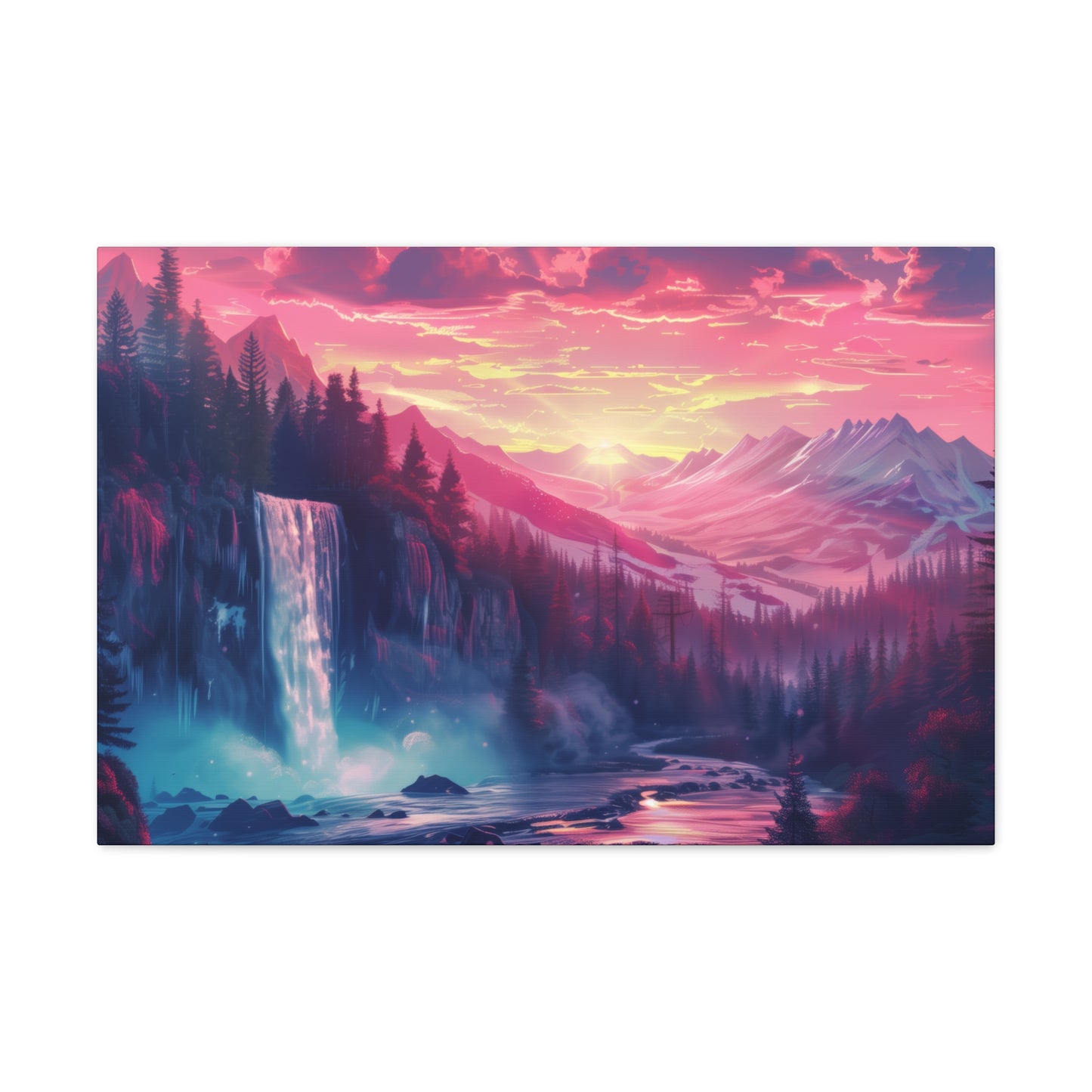 Dreamy Landscape with Waterfall and Mountains - Purple Evening Digital Illustration Canvas Gallery Wraps