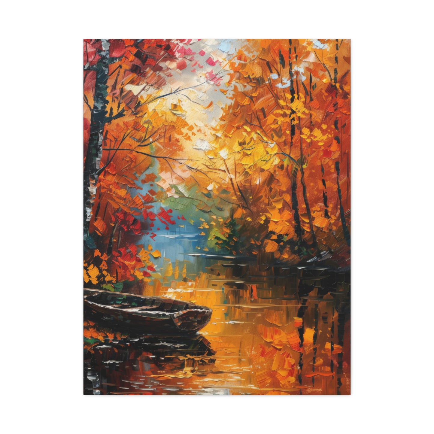 Boat in river side which flows through autumn forest - Leonid Afremov Style Digital Print Canvas Gallery Wraps