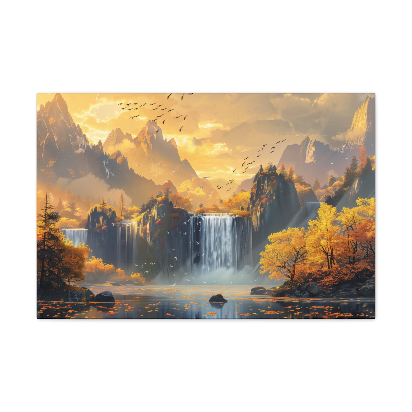 Dreamy Landscape Sunset with Waterfall and Mountains - Digital Illustration Canvas Gallery Wraps