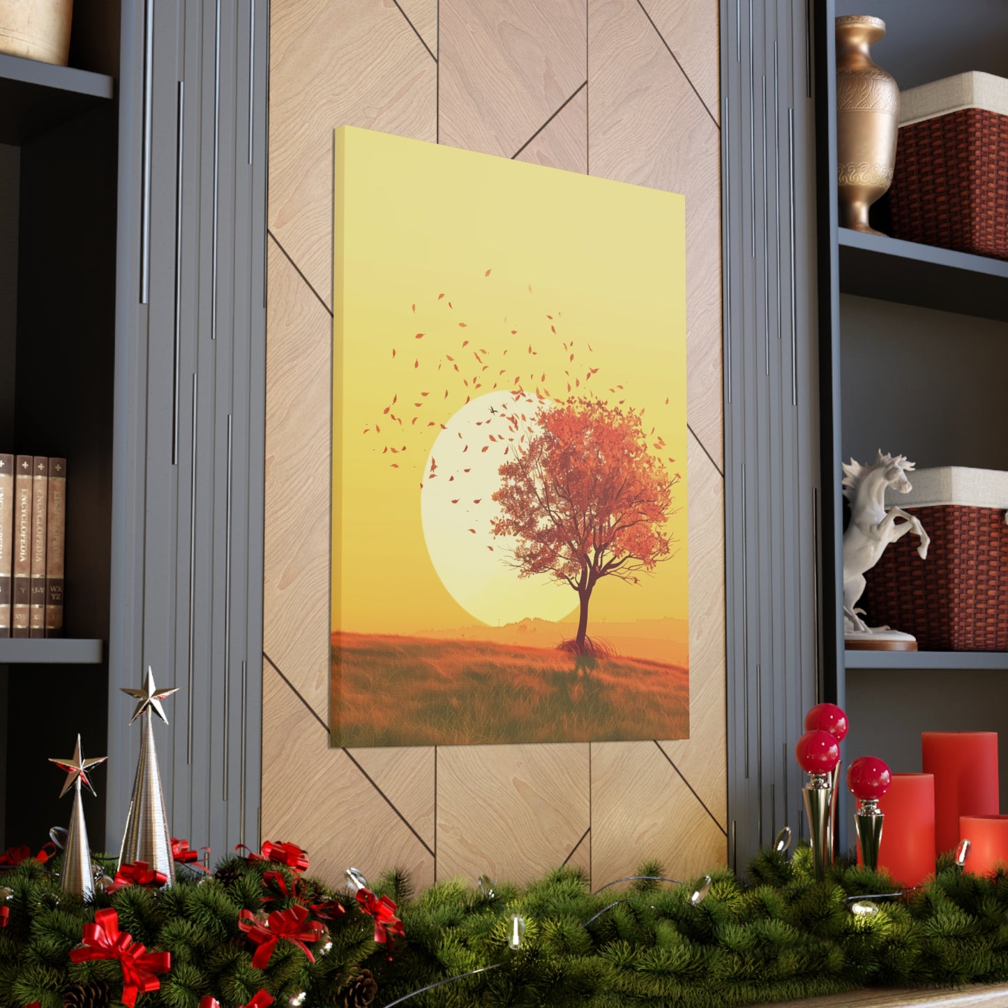 Red Tree in a Golden Sunset Digital Illustration Canvas Gallery Wraps