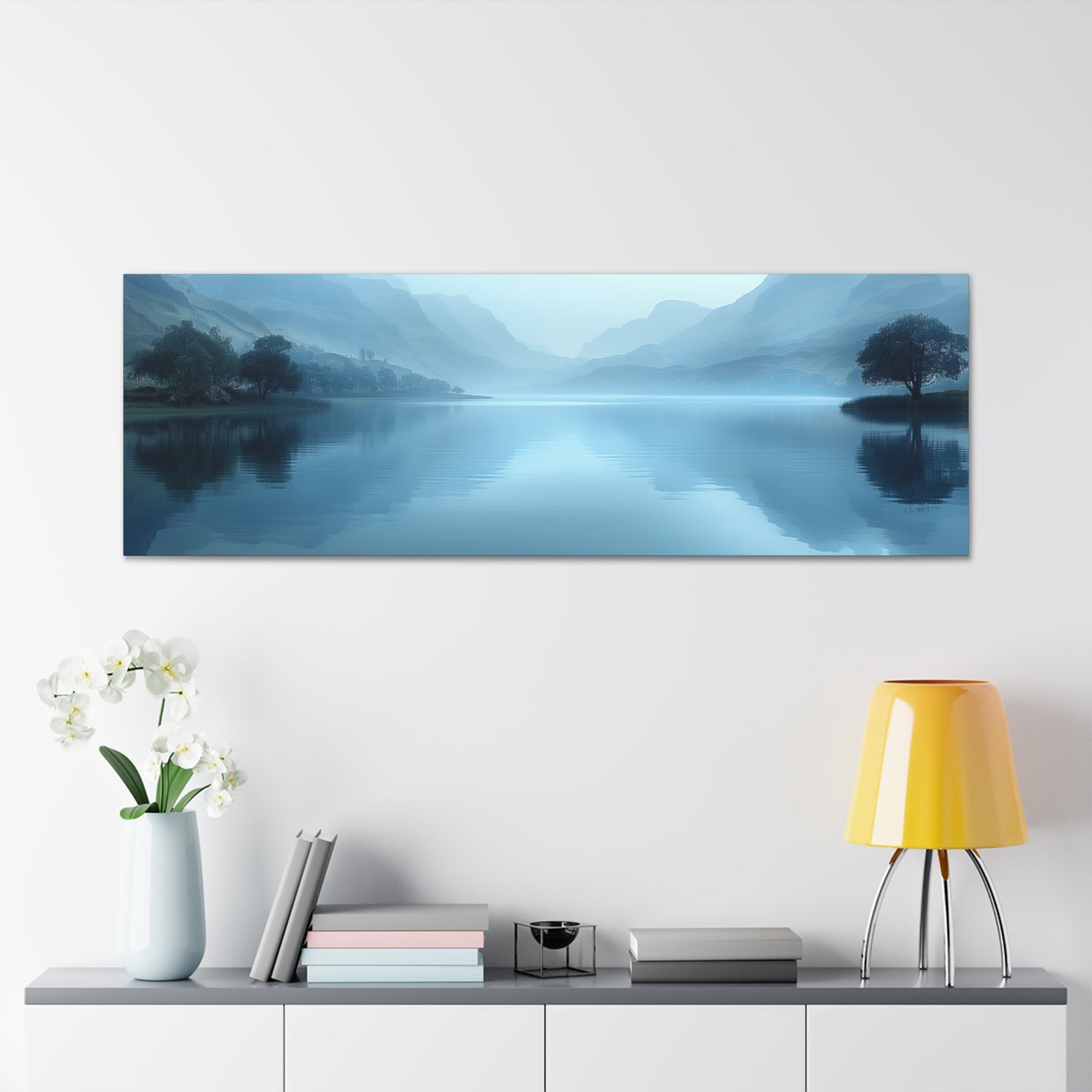 Lake Landscape with Mountains - Morning Mist Panorama panorama Canvas Gallery Wraps