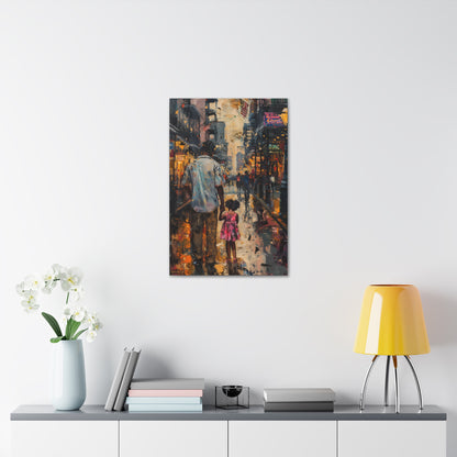 Father and Daughter Walking on the Street - Rembrandt Style Digital Oil Painting Canvas Gallery Wraps