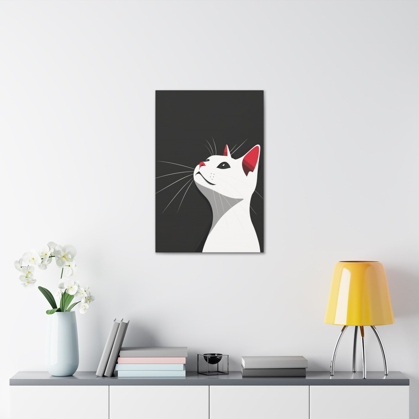 White Cat in Black Background Digital Illustration Canvas Gallery Wraps