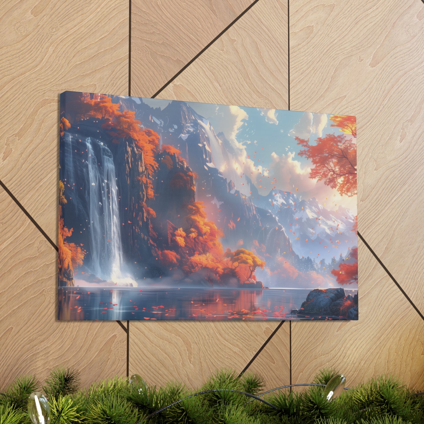 Dreamy Landscape Sunset with Waterfall and Mountains - Digital Illustration Canvas Gallery Wraps