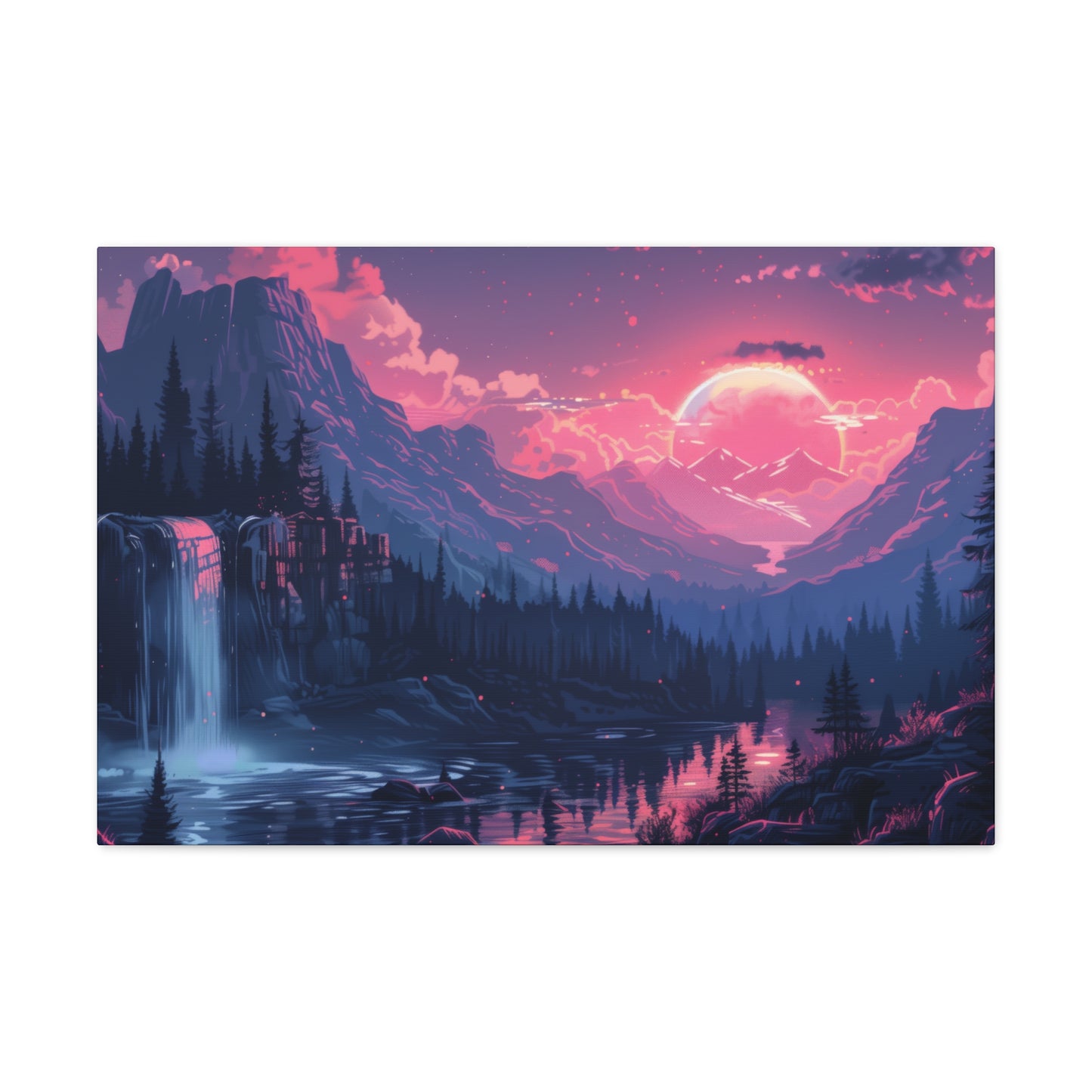 Dreamy Landscape Sunset with Waterfall and Mountains -  Digital Illustration Canvas Gallery Wraps