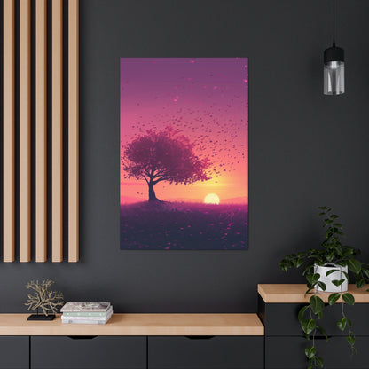 Tree in a Purple Sunset Digital Illustration Canvas Gallery Wraps