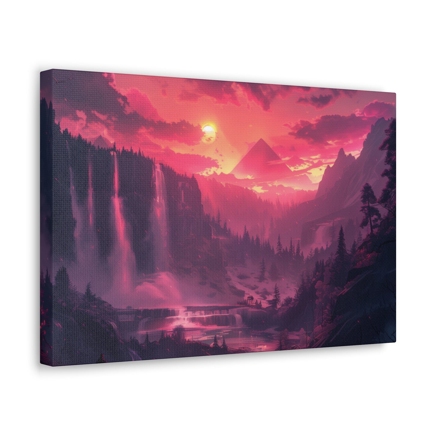 Dreamy Landscape with Waterfall and Mountains - Purple Evening Digital Illustration Canvas Gallery Wraps