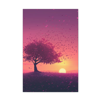 Tree in a Purple Sunset Digital Illustration Canvas Gallery Wraps