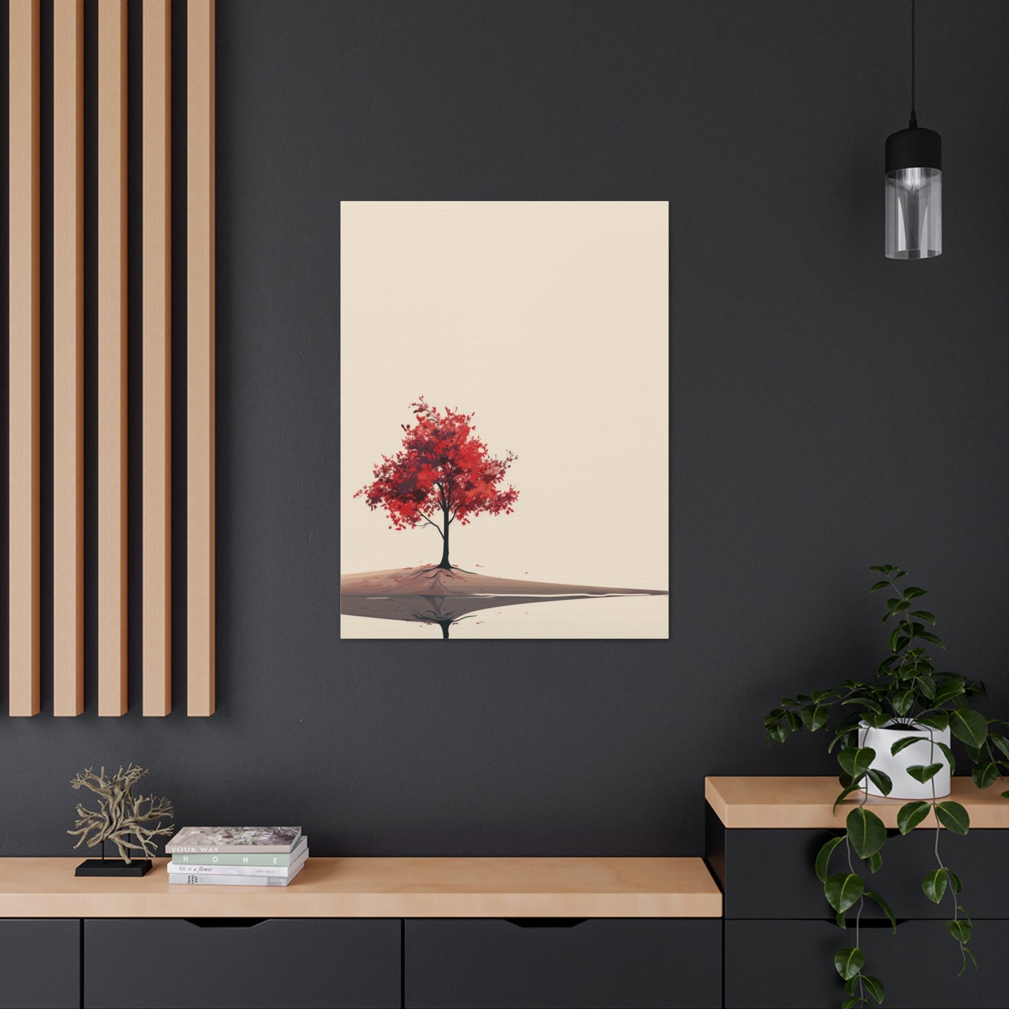 Lone Tree with Red Leaves - Portrait Illustration Canvas Gallery Wraps