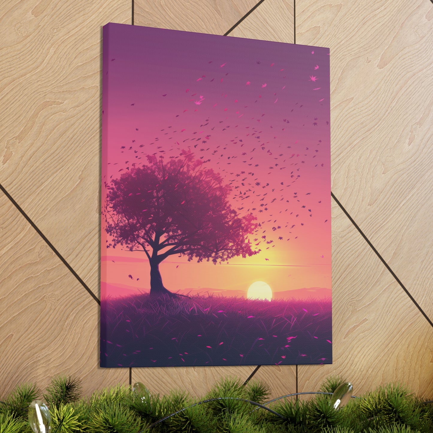 Tree in a Purple Sunset Digital Illustration Canvas Gallery Wraps