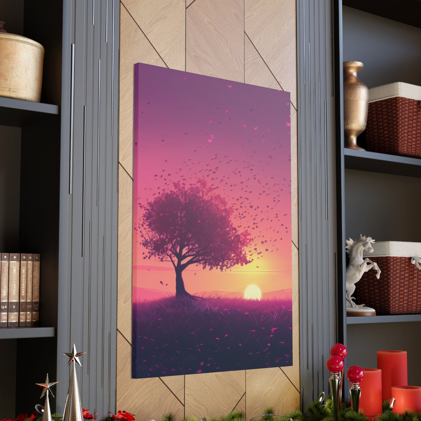 Tree in a Purple Sunset Digital Illustration Canvas Gallery Wraps