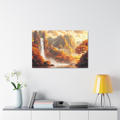 Dreamy Landscape Sunset with Waterfall and Mountains - Digital Illustration Canvas Gallery Wraps