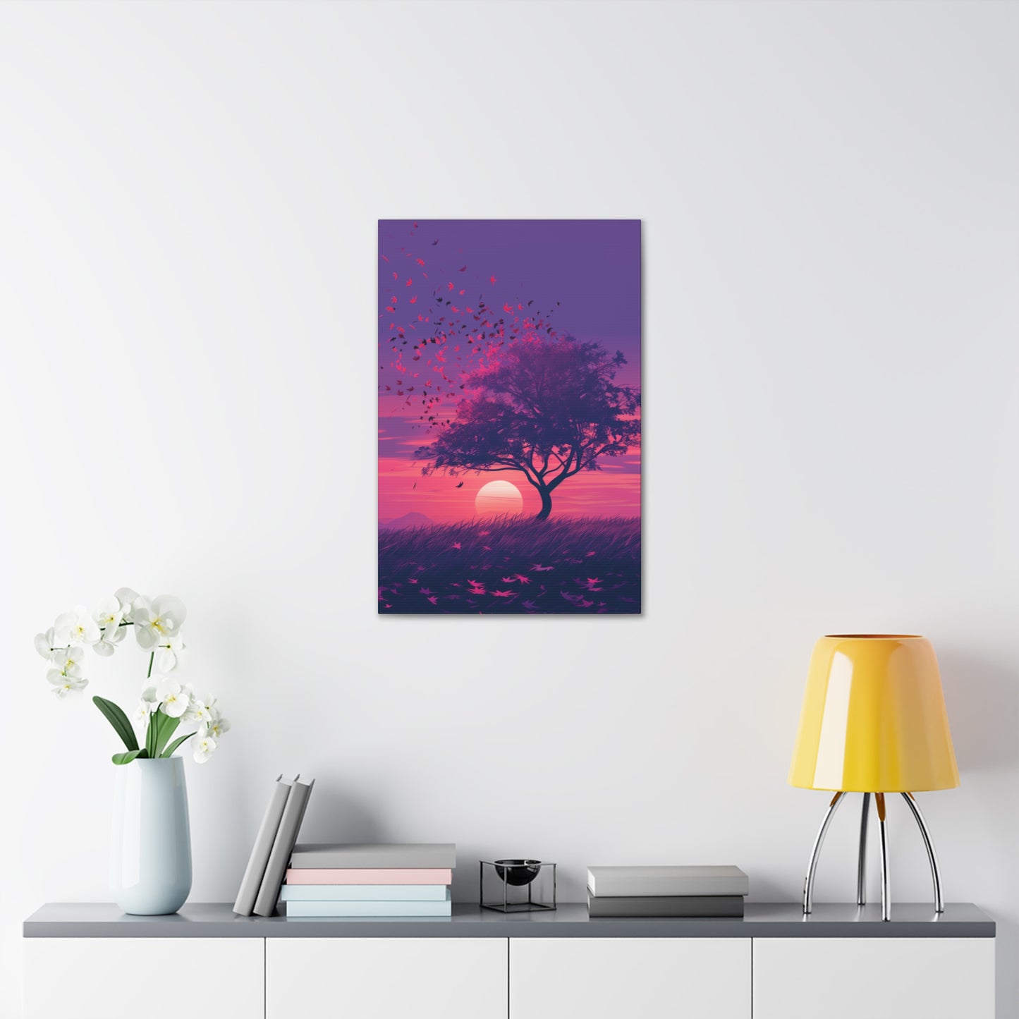 Tree in a Purple Sunset Digital Illustration Canvas Gallery Wraps