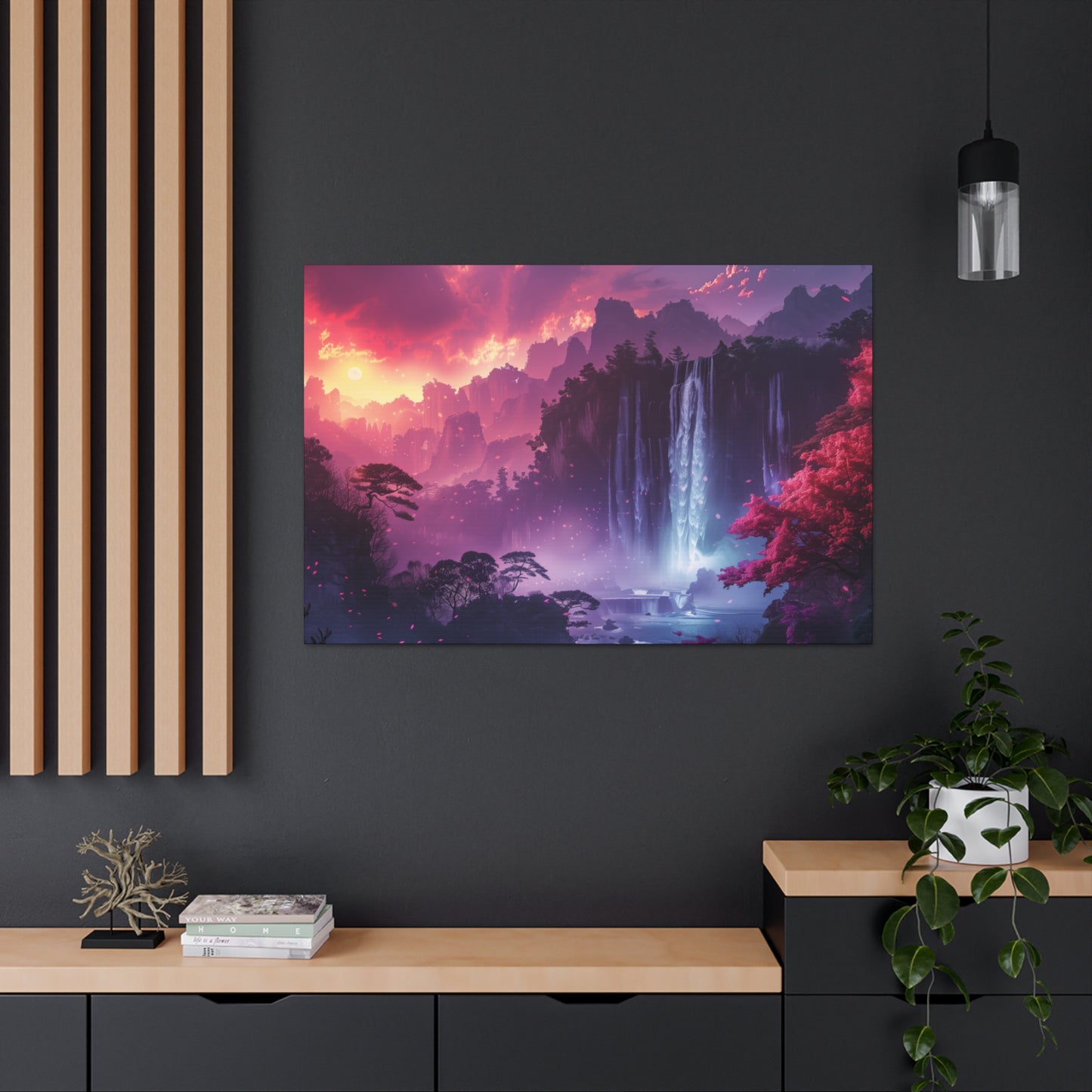 Dreamy Landscape Sunset with Waterfall and Mountains - Digital Illustration Canvas Gallery Wraps