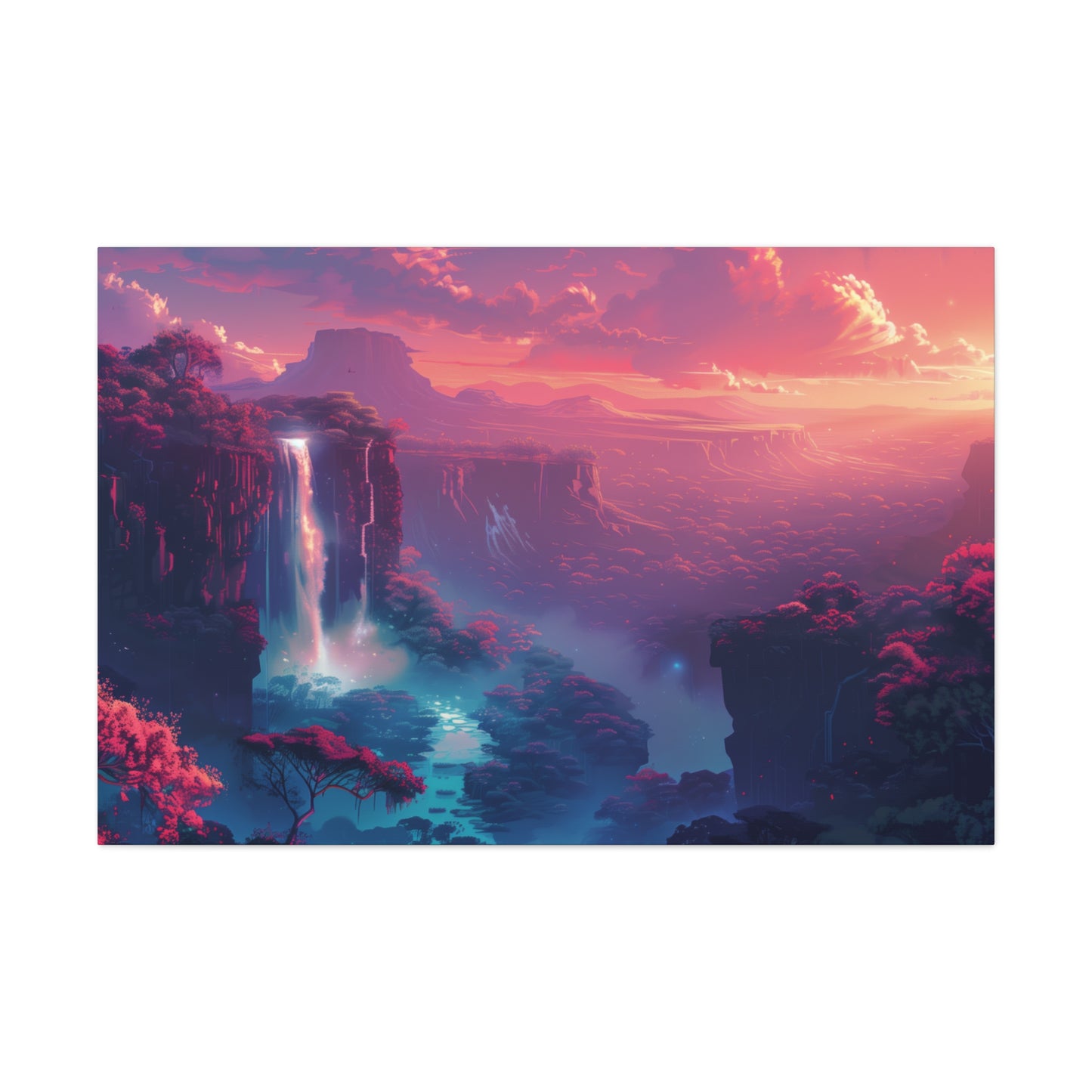 Dreamy Landscape with Waterfall and Mountains - Purple Evening Digital Illustration Canvas Gallery Wraps