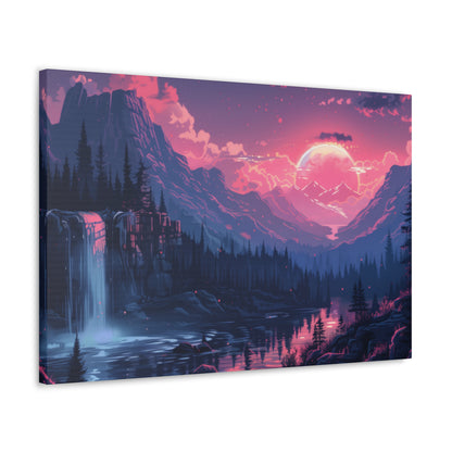 Dreamy Landscape Sunset with Waterfall and Mountains -  Digital Illustration Canvas Gallery Wraps