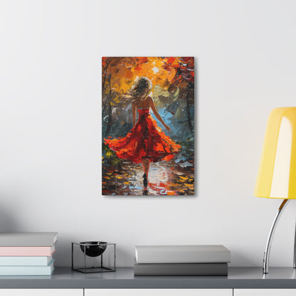 a girl in red dress walking through forest - Leonid Afremov Style Digital Print Canvas Gallery Wraps